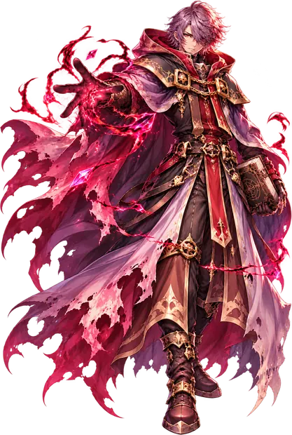 Arcanist Orion, the Memoria Plaza warper, in a crimson coat with glowing magic